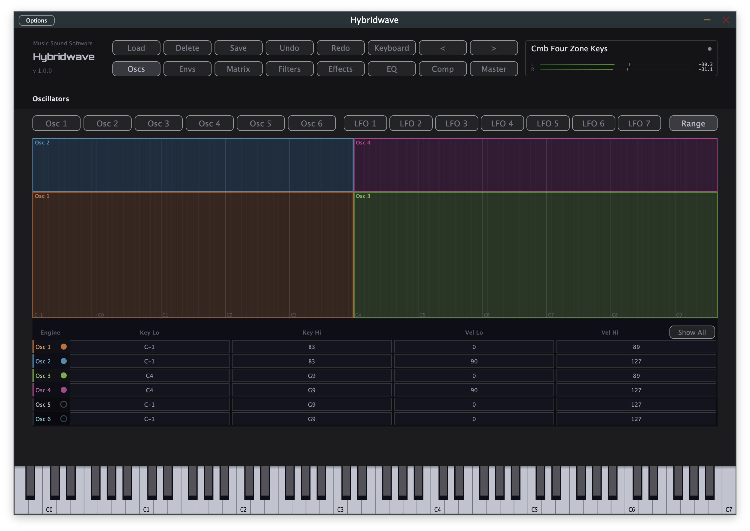 Hybridwave Range editor — key and velocity zones